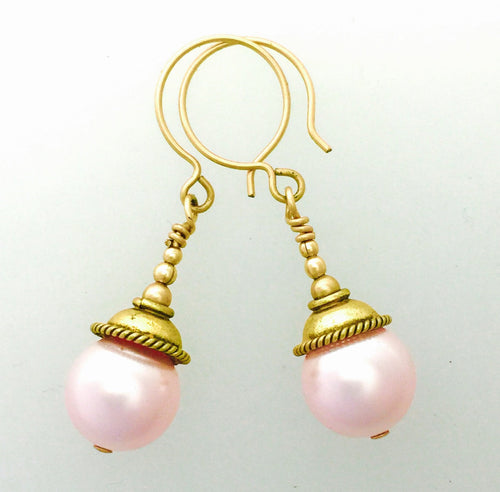 Swarovski Crystal 12 mm Pearl Earrings Light Rose 14 ct Gold Fill.