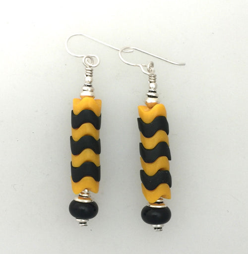 Snake Bead Longer Glass Earrings 8mm Black Yellow Bees?   French Hooks
