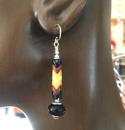 Snake Bead Glass Earrings 6mTBlack and Brown H French Hooks