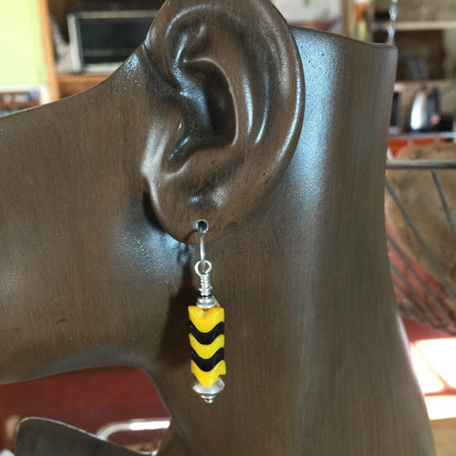 Snake Bead Glass Earrings 8mm Black Yellow Bees?   French Hooks