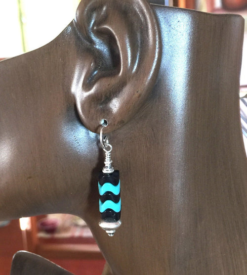 Snake Bead Glass Earrings 8mm Black Turquoise  w/ SterlingFrench Hooks