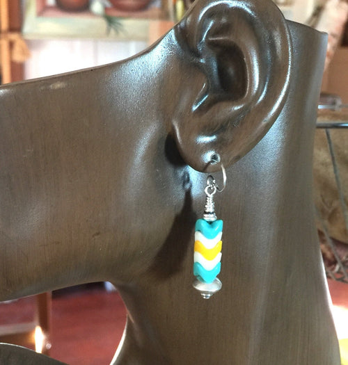 Snake Bead Glass Earrings 8mm Turquoise White Yellow  w/ SterlingFrench Hooks
