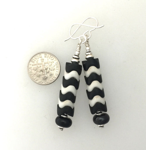 Snake Bead Longer Glass Earrings 8mm Longer Black and White w/ Sterling  French Hooks