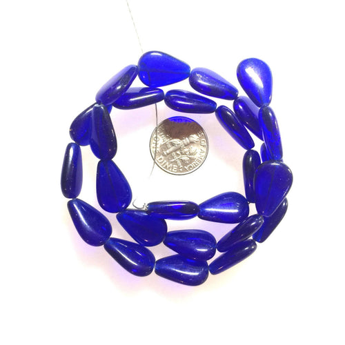 Cobalt Glass Flat Drop Shaped Beads Czech Glass Strand.