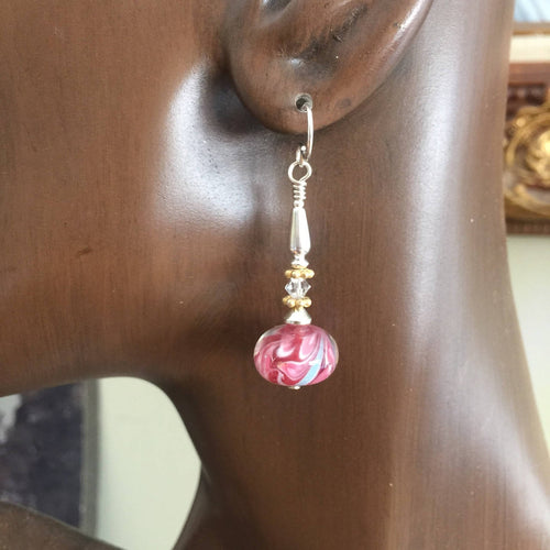 Rose Pink Lamp Work Earrings Wtih Sterling Silver #2