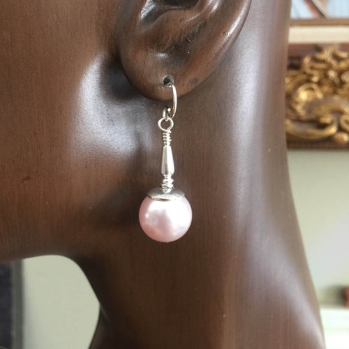 Swarovski Powder Rosaline Pearl Earrings with Sterling Silver and French Hooks Beads 14mm