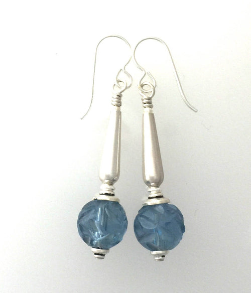 Antique Hand  Carved Blue Peking Glass and Silver Earrings.#5