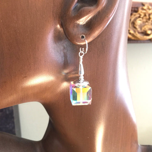 Swarovski 14mm Cube Clear Aurora Borealis Earrings Set in Sterling Silver