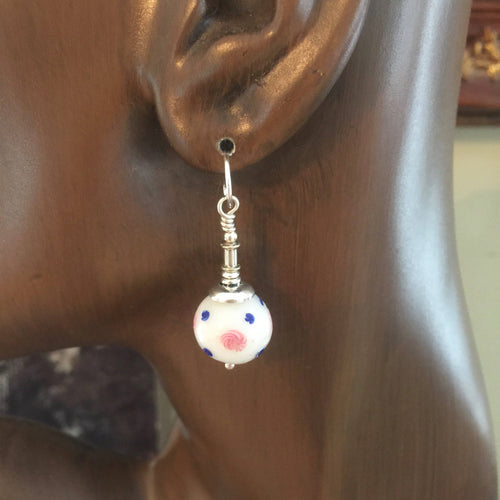 African Trade Bead Earrings White With Rose and Blue Latticcino Dots, Glass and Sterling Silver
