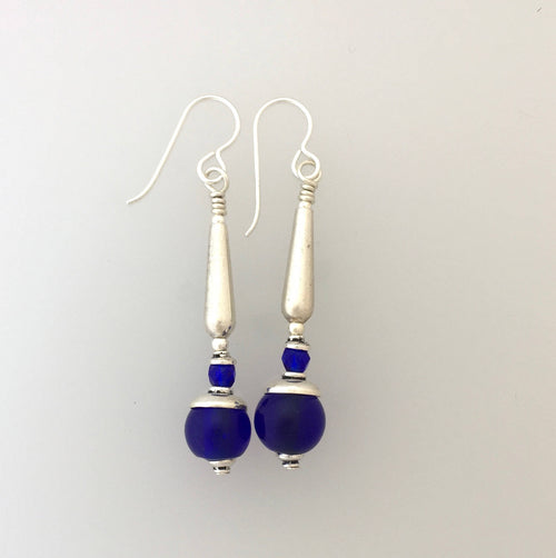 Cobalt Glass  And Sterling Silver Earrings ( Cobb)