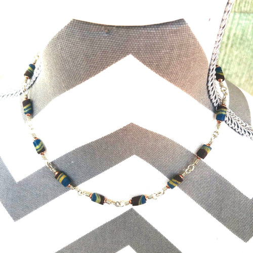 African Sand Cast Beads in Silver Chain Choker in Earth Tones.19ins.