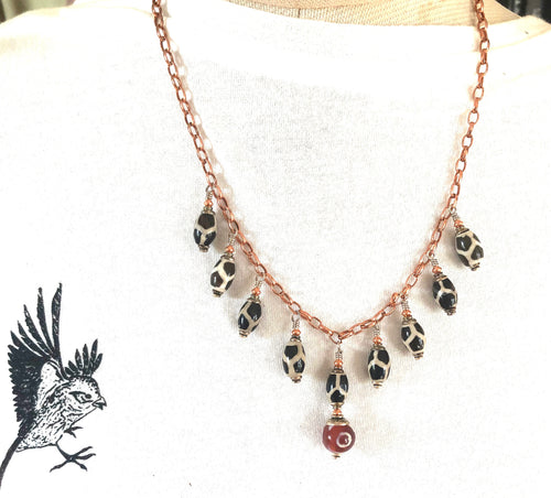 Necklace Agate Giraffe Beads With Copper with a focus Carnelian Ancient Bead.