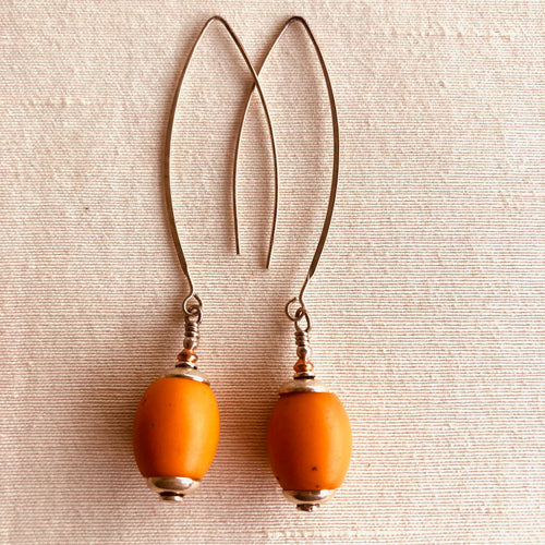Orange African Trade Beads in Earrings. Rare.