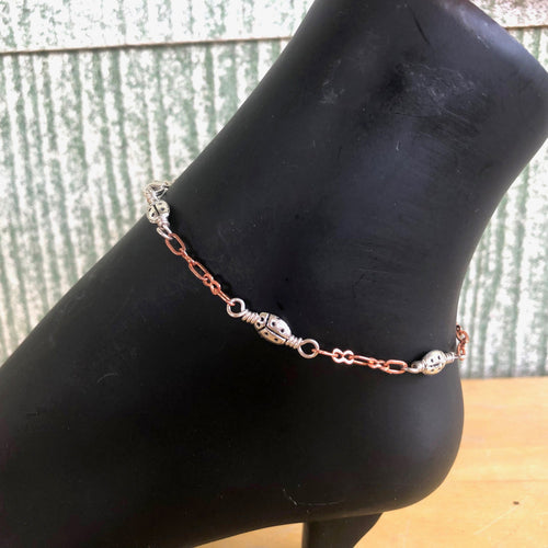 Anklet in Copper and ladybugs made lead safe pewter. 8 1/2 ins