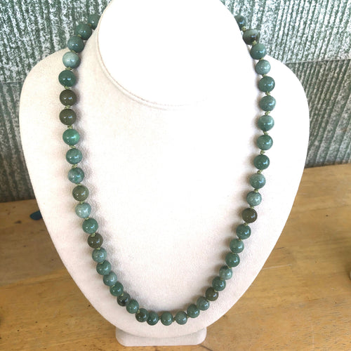 Jade Heart Chakra Necklace, Hand knotted with Sterling Silver clasp. 28 inches.