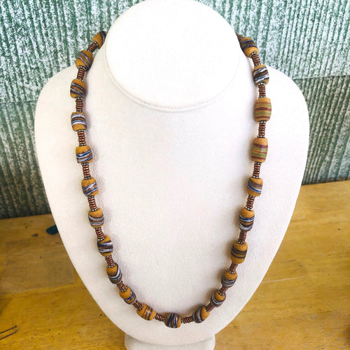 African Tribal Beads, Well made Sand Beads With Copper Hishi. 23 ins.