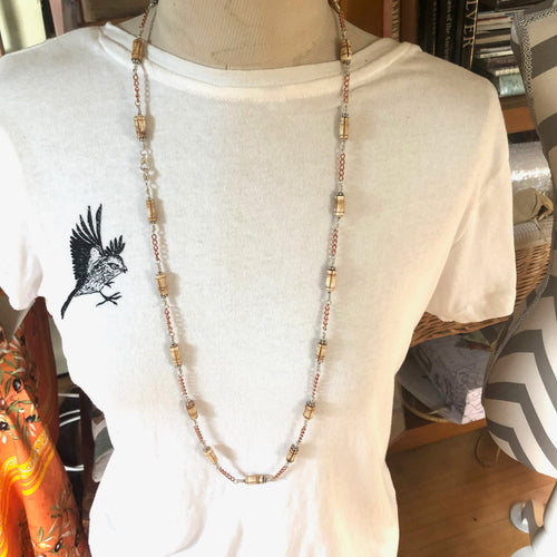 Long Necklace, Bone, Copper and Sterling Silver.Two Silver Lobster Claw Clasps. 36 ins Long.