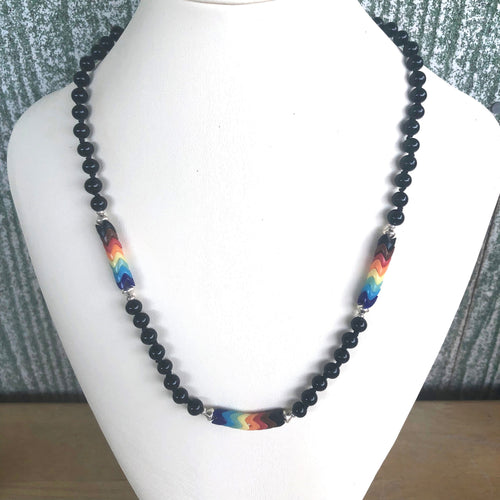 Black Glass Beads with Rainbows Necklace