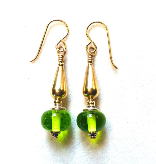 Earings Clear Green Lamp Work 14 ct GF by Kate Drew-Wilkinson