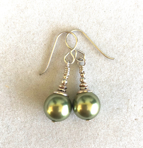 Swarovski Crystal Iridescent Green Pearl Earrings Beads  10mm beads.   Kate Drew-Wilkinson