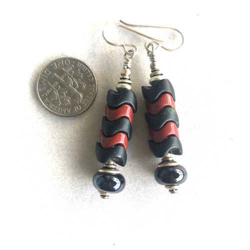 Brown and Black Vintage Snake Beads in Earrings.  Kate Drew-Wilkinson
