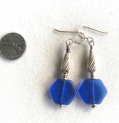 Blue  Bohemian Pressed Glass Trade Bead Earrings with Sterling Silver