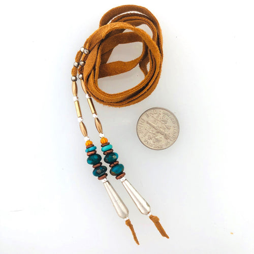 Hair Jewelry Hair Tie #3  Leather, Gold Fill, Silver, Copper and Turquoise!   Kate Drew-Wilkinson  25ins