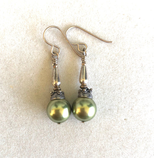 Swarovski Iridescent Green Pearl Earrings Beautiful Bead Caps  Kate Drew-Wilkinson