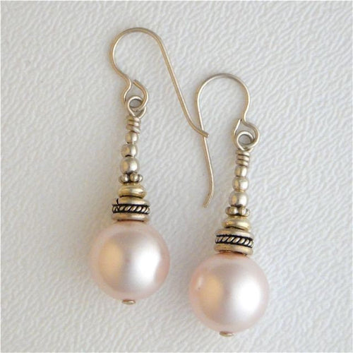 Swarovski 12 mm and Very Light Peach Pearl Earrings With Sterling Silver