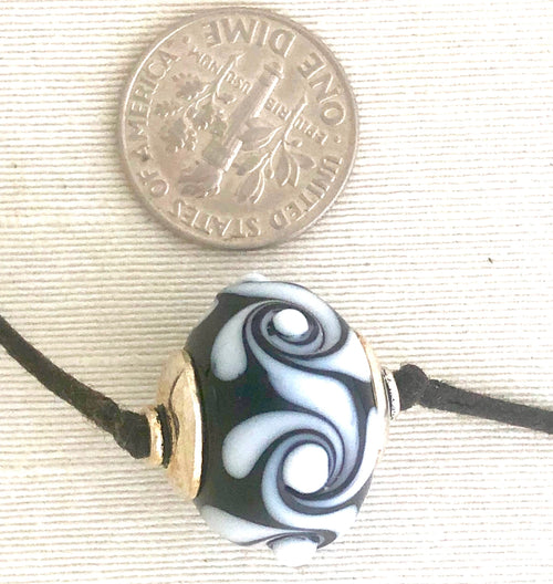 Black and White Lampwork With Sterling Silver Bead Caps    Summer Necklace Two Sliding Knots C