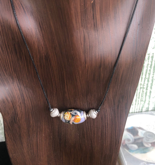 Lamp Work Three Bead Necklace With Sterling Silver.