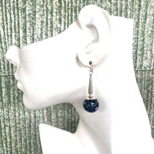 Night Sky Earrings Lamp Work and Silver  Black and White.  Kate Drew-Wilkinson