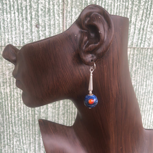 Lamp Work Earrings Denhim Blue Abstract.