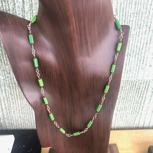 Green Necklace AFrican Trade Beads, Sterling Silver and Copper. 19 ins.