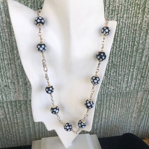 Lamp Work Black and White Necklace with Sterling Silver