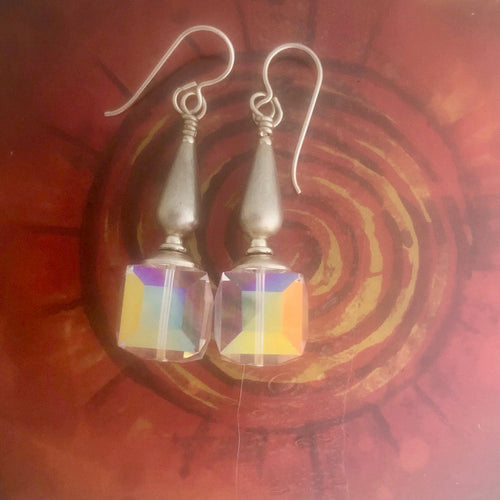 Swarovski Crystal 14 mm Square AB  Very Vintage Beads And Silver,  Earrings
