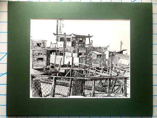 Sausalito Waterfront Ancient Sand Barge Living 1979 Pen and Ink by me.