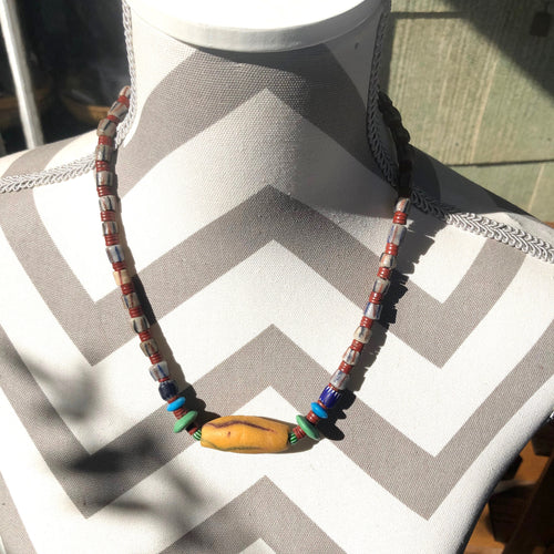 African Trade Bead Mellow Necklace. 2o Inches, Silver Clasp.