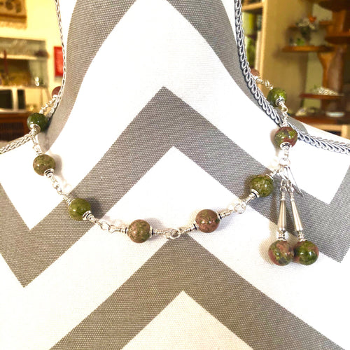 Unakite Necklace and Earrings Set Choker