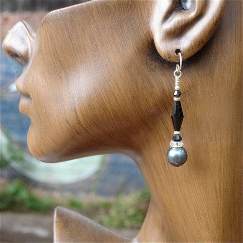 Swarovski Tahitian Pearl and Jet Crystal Earrings With Sterling
