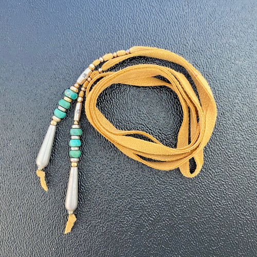 Hair Tie Turquoise Leather and Silver 21 inches