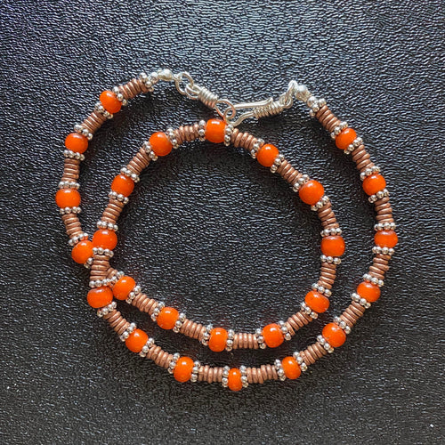 African Trade Bead Choker in Tomato Red Glass and Copper 17 ins