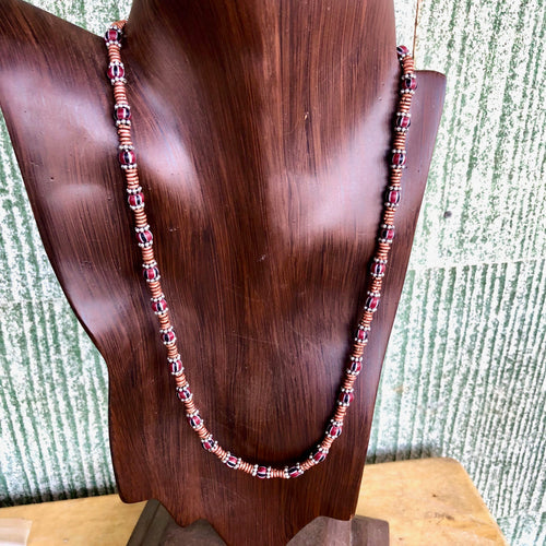 Necklace 22 ins Trade Beads and Copper with Sterling Silver Hand Made Clasp