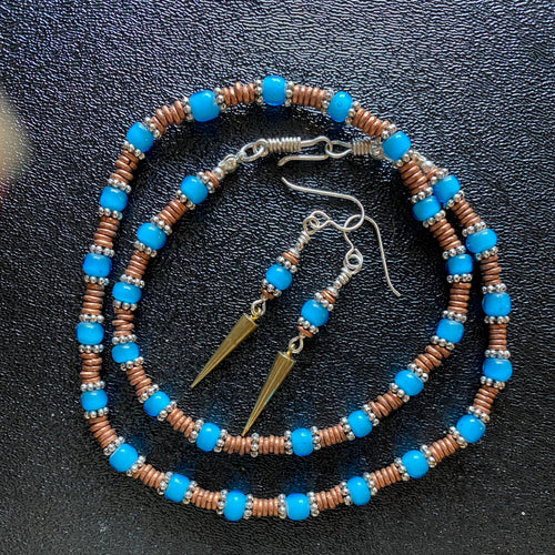 African Teal Whiteheart Necklace and Earrings/