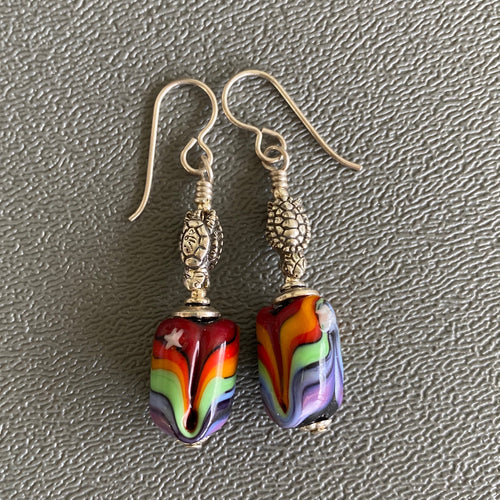 Rainbow Lamp Work Earrings with Silver Turtles
