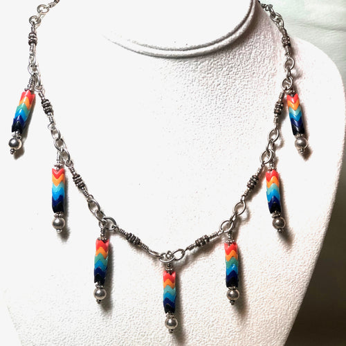 Necklace Rainbow Vintage Glass Snake Beads and Silver Set