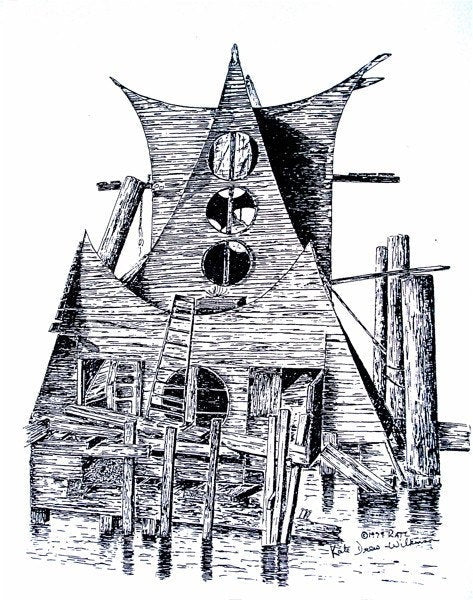 Signed Artist Print The Owl Sausalito Waterfront Houseboat 1979 by Kate D-W