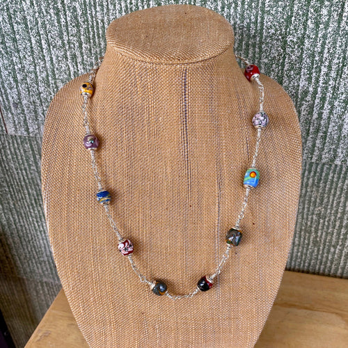 Lamp Work Glass Summer Necklace 24 ins 18 guage strong Silver Wirework