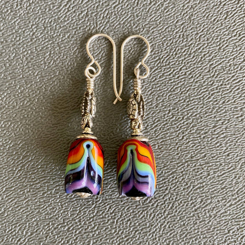 RainBow Lamp Work Earrings With Tiny Silver Turtles