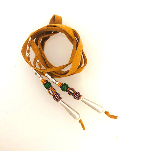 African Trade Bead and sterling Silver Hair Tie  19 ins.